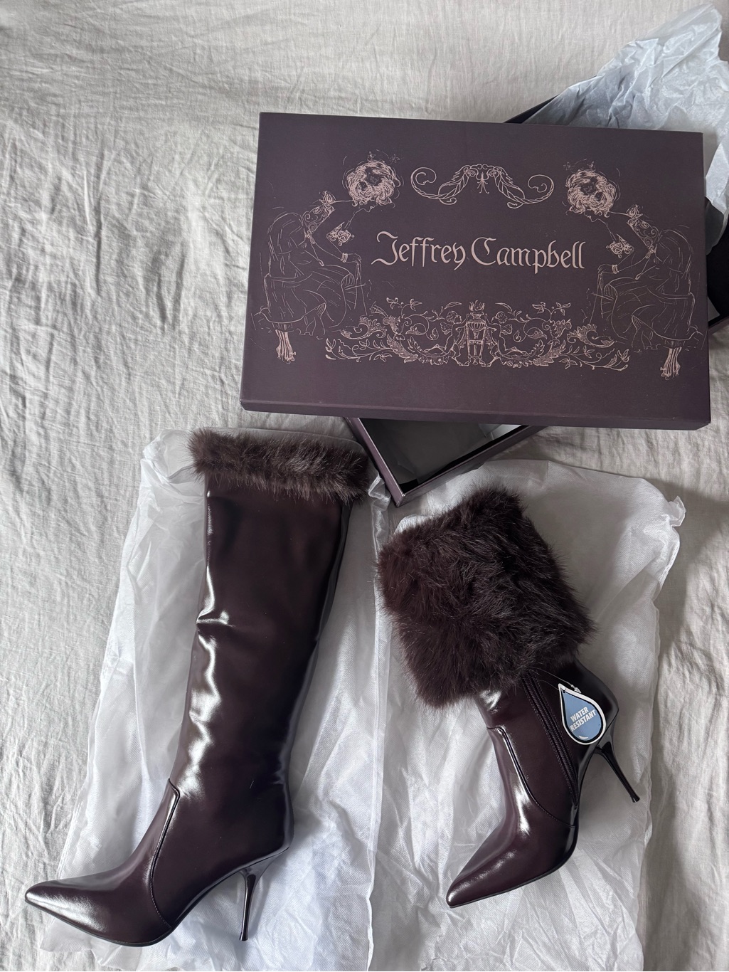 Jeffrey Campbell Dark Brown Patent Leather Knee-High Boots With Fur Cuff